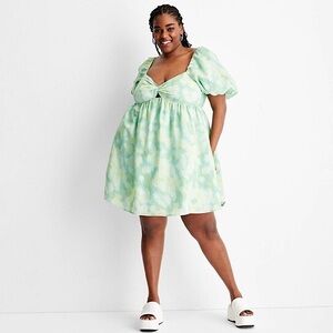 Future Collective puff sleeves tie-dye green mini dress NWOT